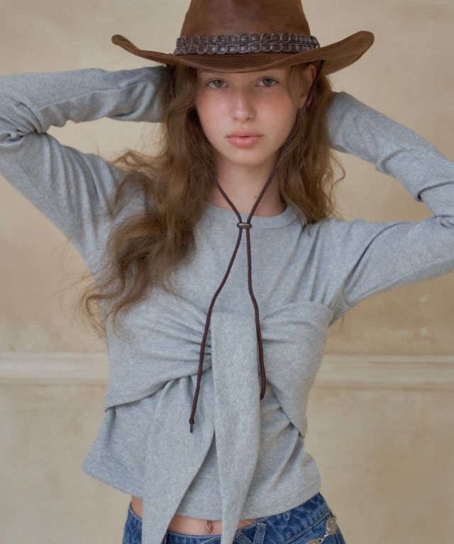 Tシャツ・カットソー RONRON KNOT BUSTIER RIBBON LONG SLEEVE T SHIRT GREY MUSINSA | RONRON KNOT BUSTIER RIBBON LONG SLEEVE T SHIRT GREY