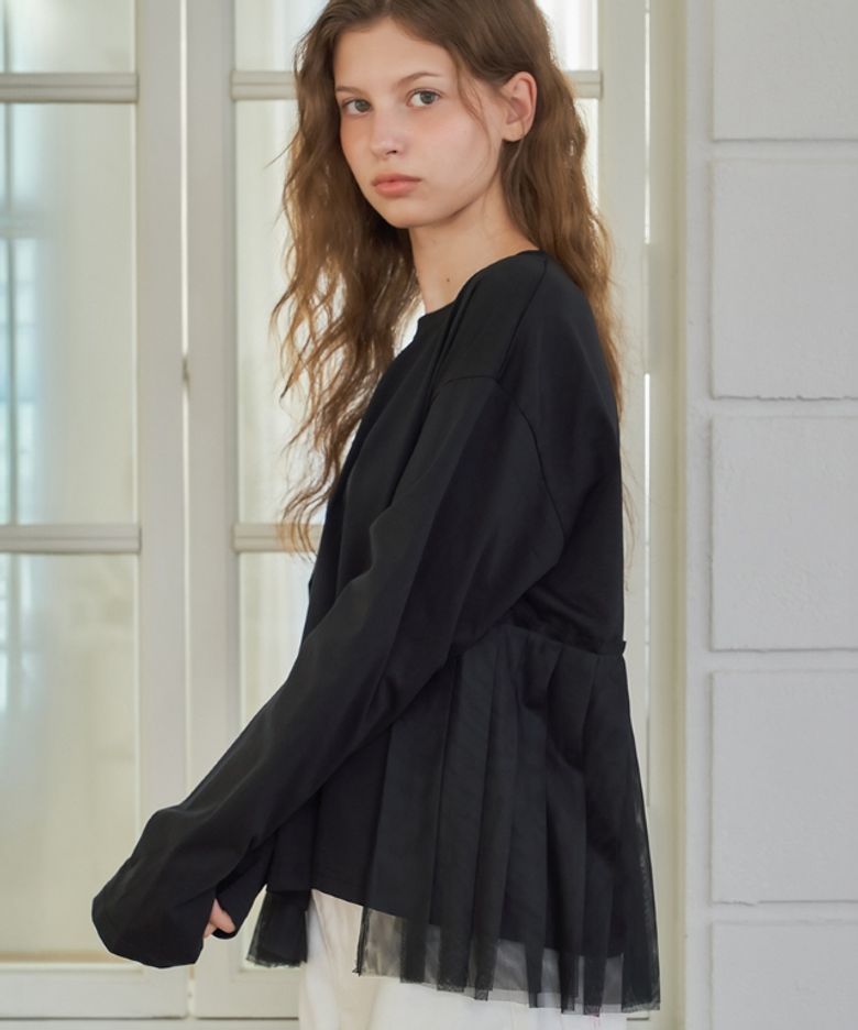 SHEER HALF PLEATED LONG SLEEVE T SHIRT BLACK