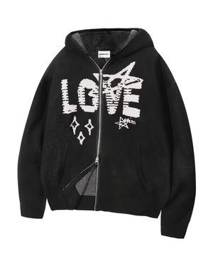 러브스타 니트 후드집업_블랙