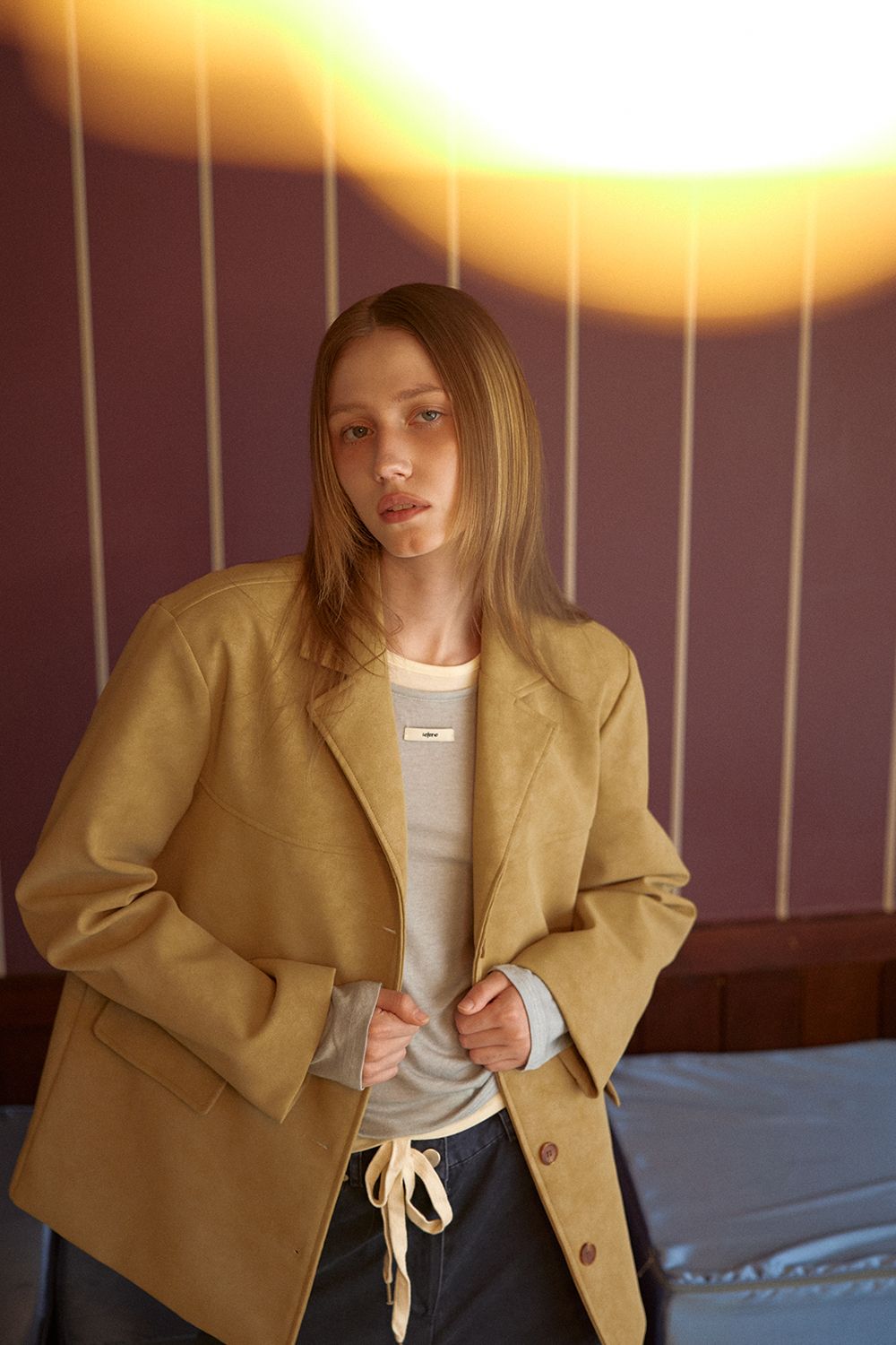 MUSINSA LETERIE FAUX LEATHER BLAZER JACKET_SAND BEIGE