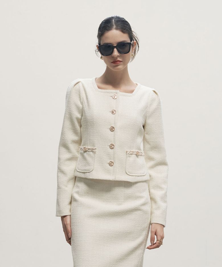 Tweed Puff Sleeve Jacket Cream