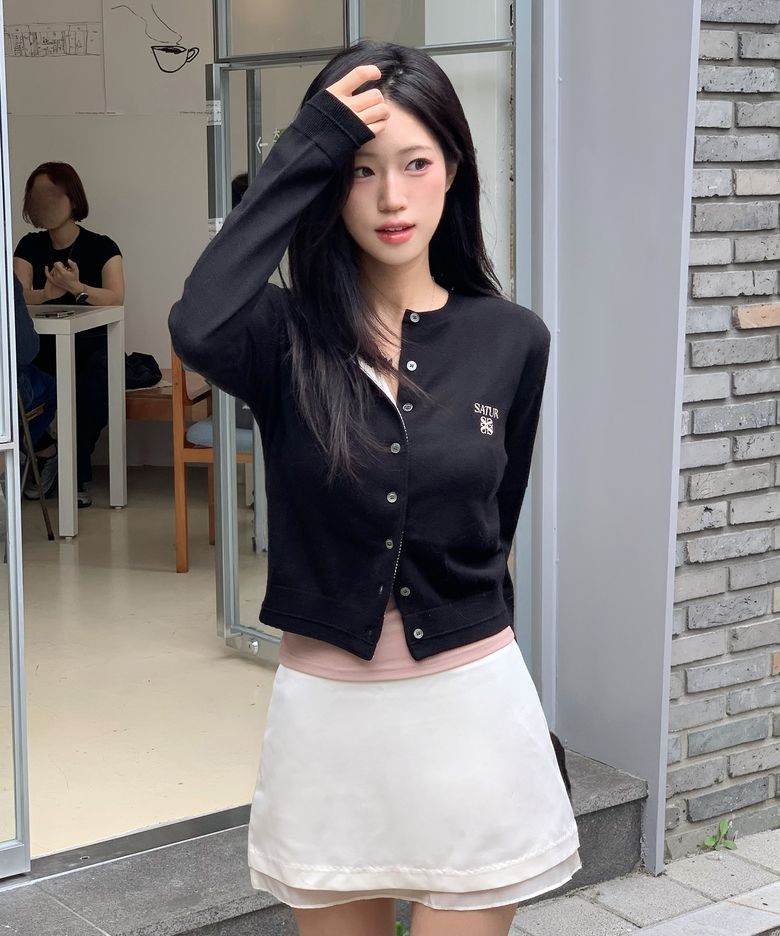 (W) 로렌 베이직 크루넥 파인 가디건 블랙