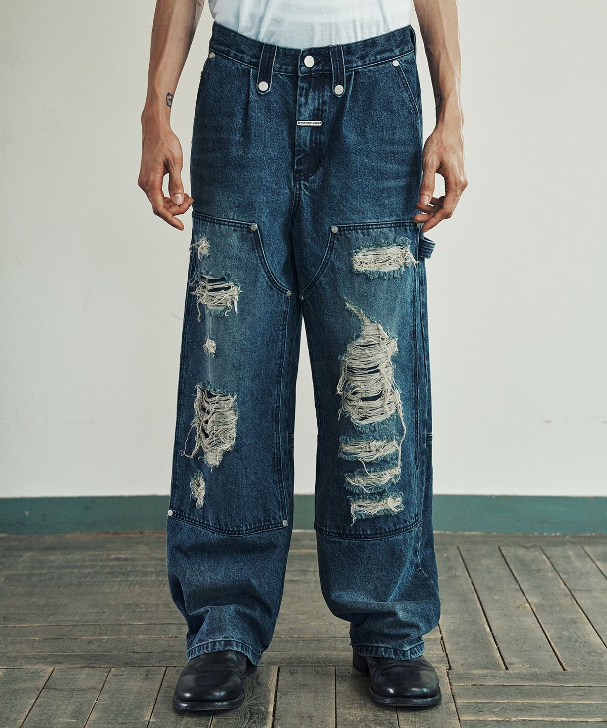 더바이닐하우스(THEVINYLHOUSE) DESTROYED DOUBLE KNEE DENIM PANTS BLUE