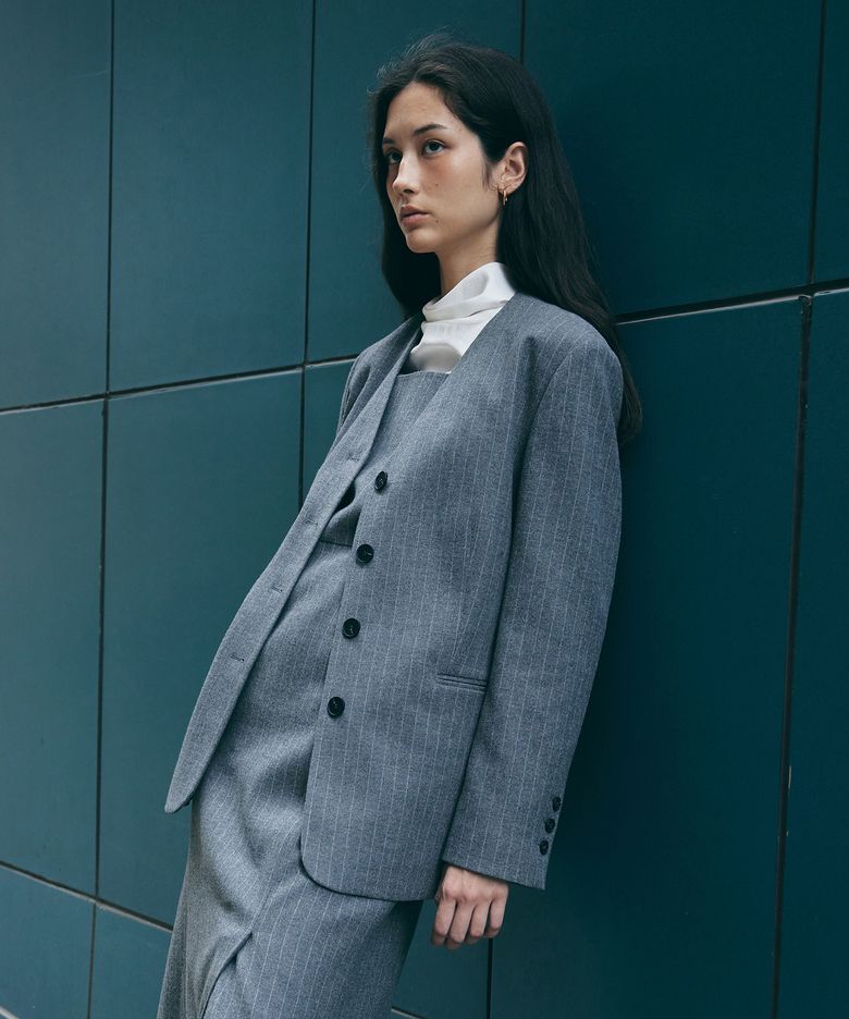 WOOL STRIPE NOCOLLAR BLAZER_2COLOR