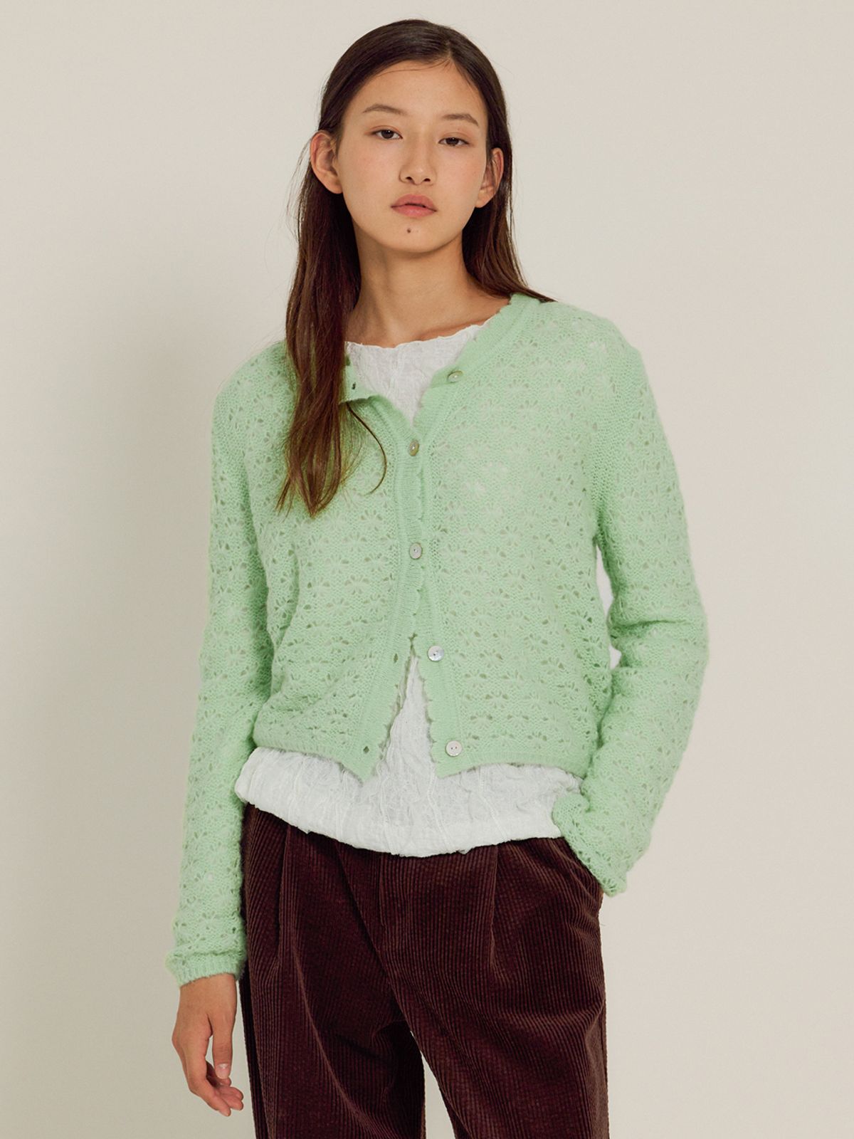 시엔느(SIENNE) Swan Crochet Wool Cardigan (Mint)