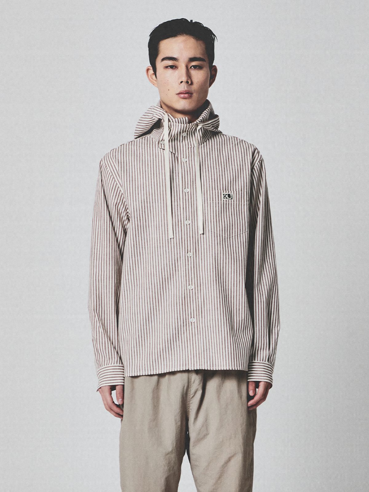 기준 맨(KIJUN MEN) Stripe Hoodie Shirt Brown Stripe