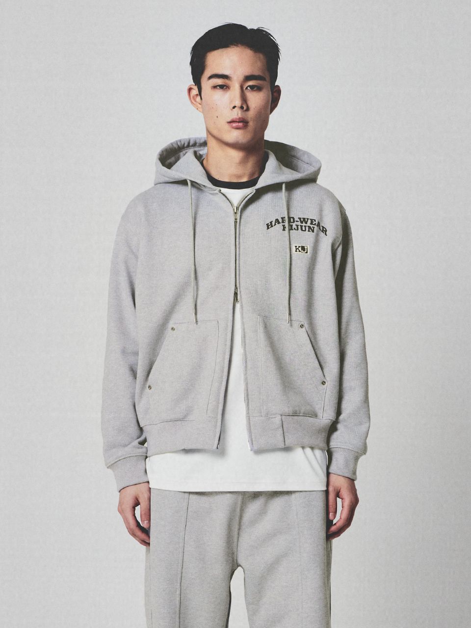 MUSINSA | KIJUN MEN Rivet Zip-Up Hoodie Melange Grey
