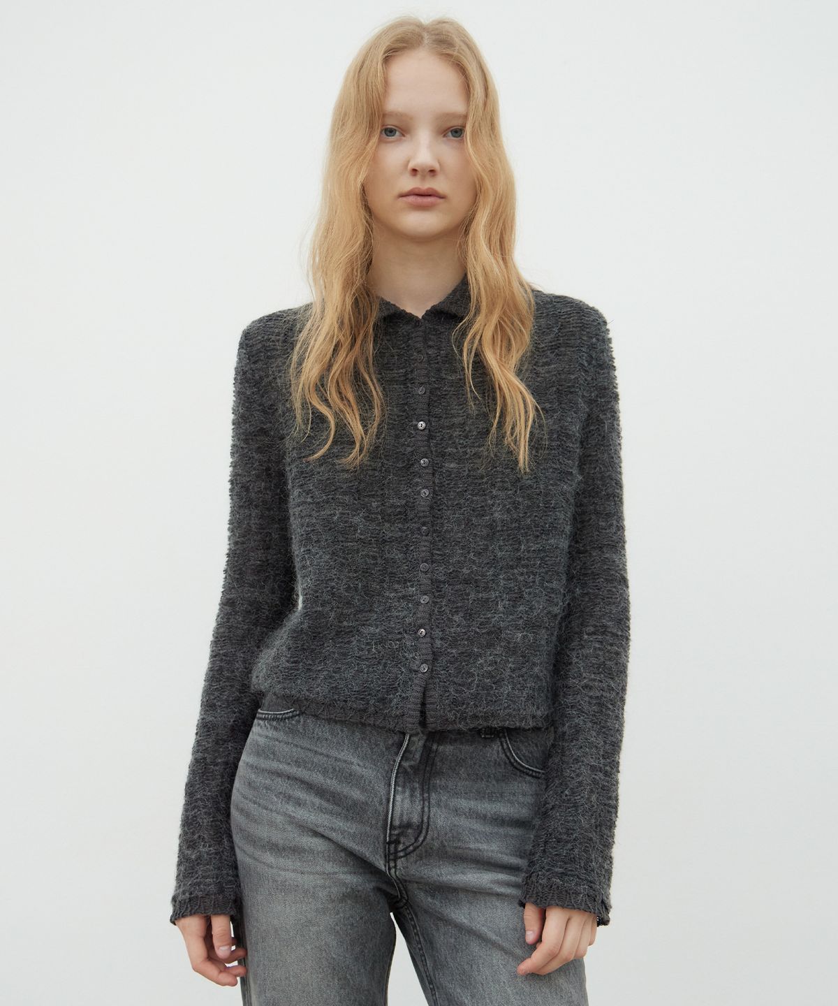 르바(LEVAR) Kid-Mohair Lace Jacquard Cardigan - Charcoal