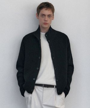 부클 리브드 하이넥 가디건 [블랙]