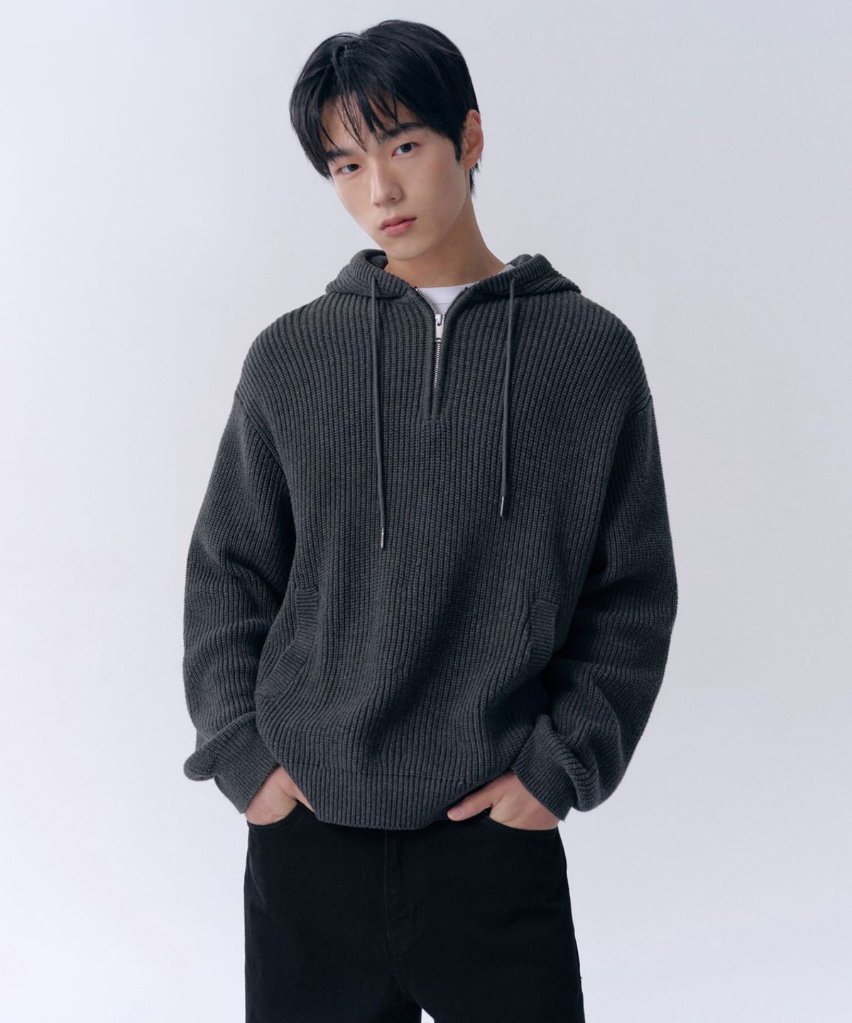 무신사 스탠다드(MUSINSA STANDARD) 리브드 후디드 니트 [미디엄 그레이]