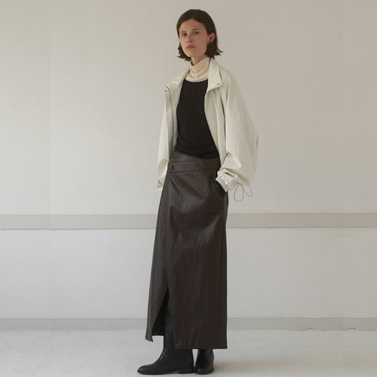 아틀리에 나인(ATELIER NAIN) UNBALANCED LEATHER MAXI SKIRT(SK-4965)