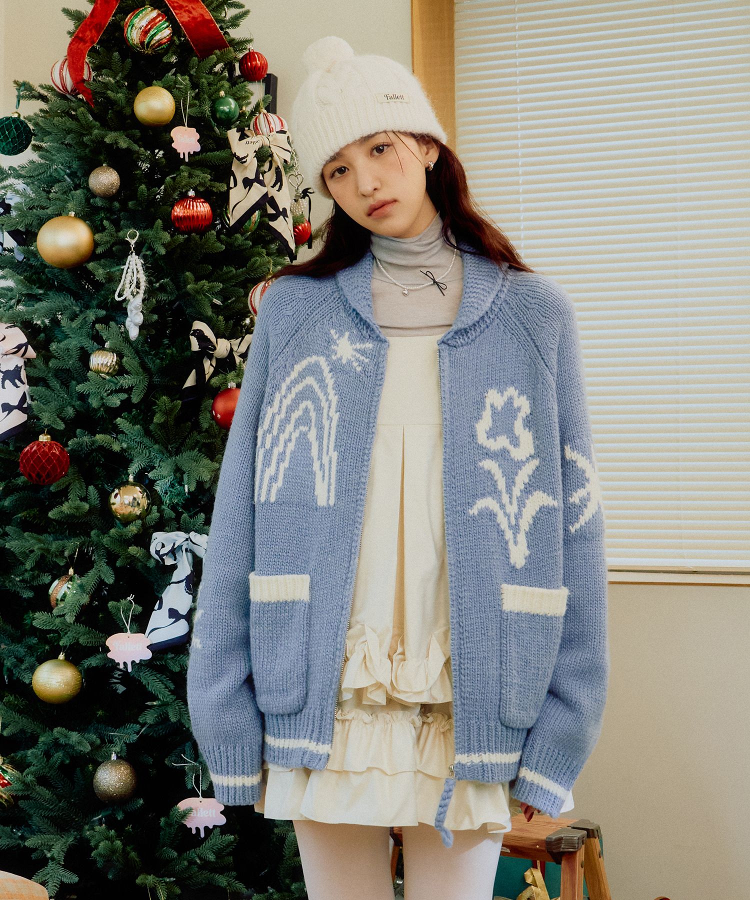 MUSINSA | FALLETT Drawing Garden Cowichan Knit Zip-up Sky Blue