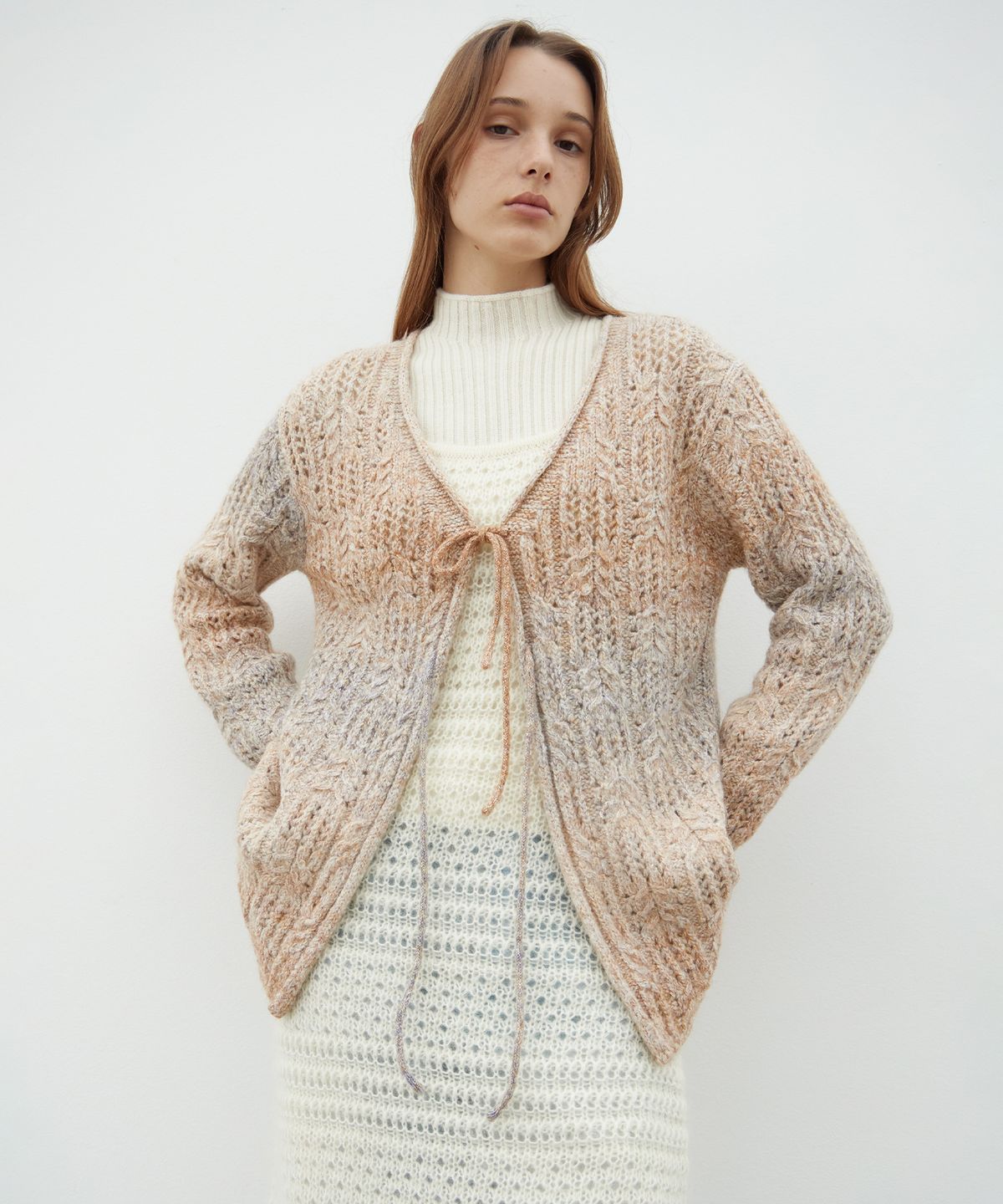 르바(LEVAR) Shimmer Ribbon Knit Cardigan - Sand Orange