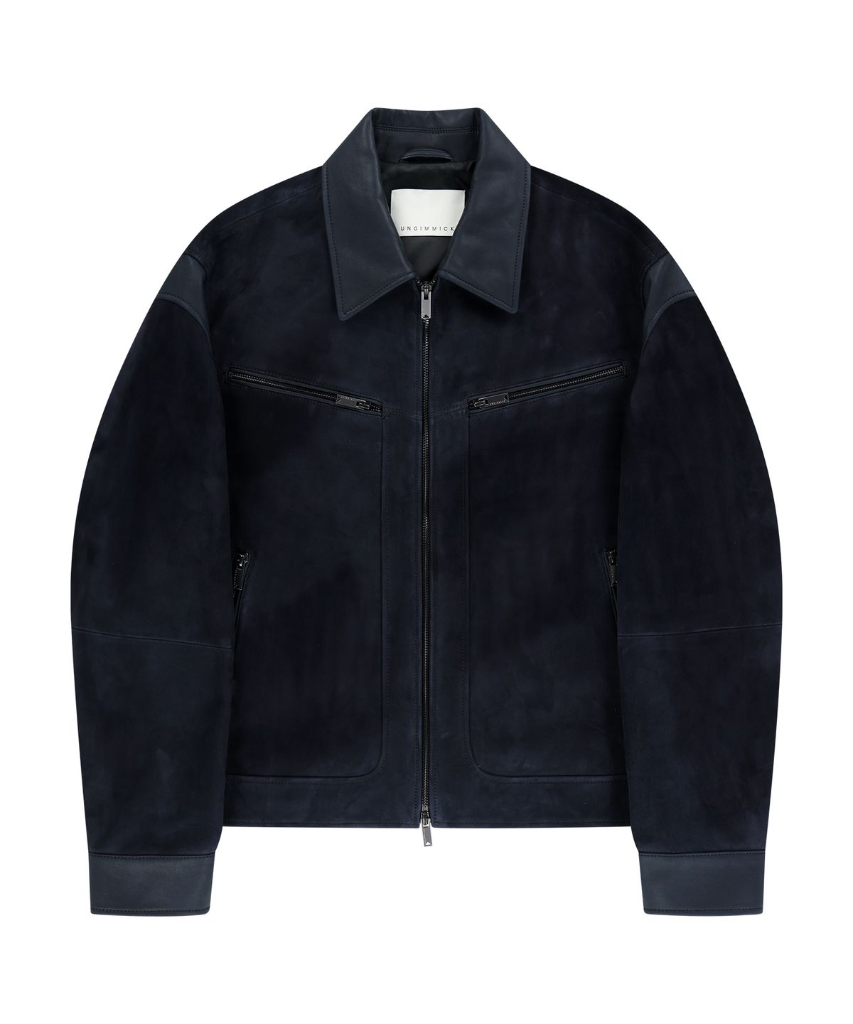 언지미크(UNGIMMICK) LEATHER TRIM SUEDE JACKET (NAVY / GOATSKIN)
