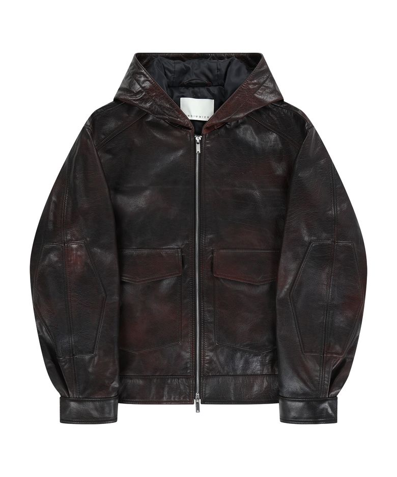 BUFFALO LEATHER HOODED JACKET (RED BROWN)