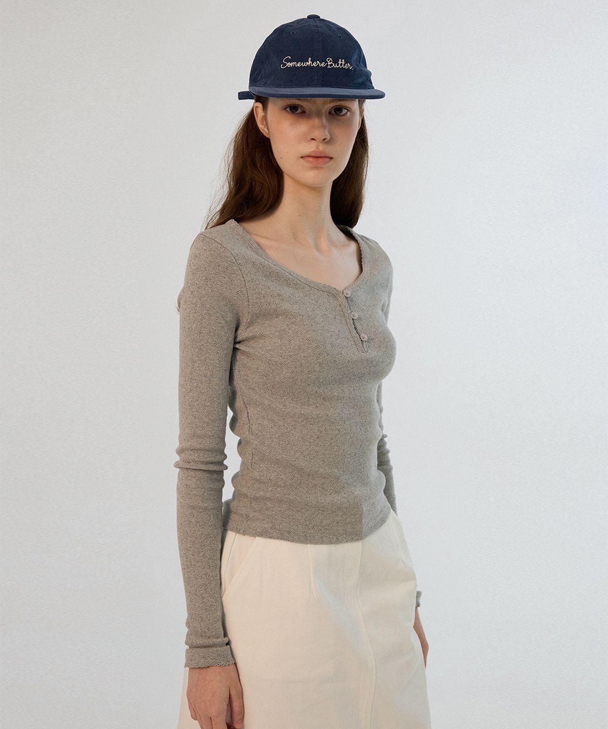 썸웨어버터(SOMEWHEREBUTTER) Lace Button Long Top - Grey