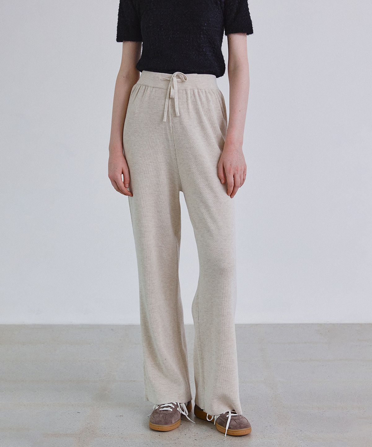 스텝어라운드(STEP AROUND) Merinowool knit banding wide pants_BEIGE