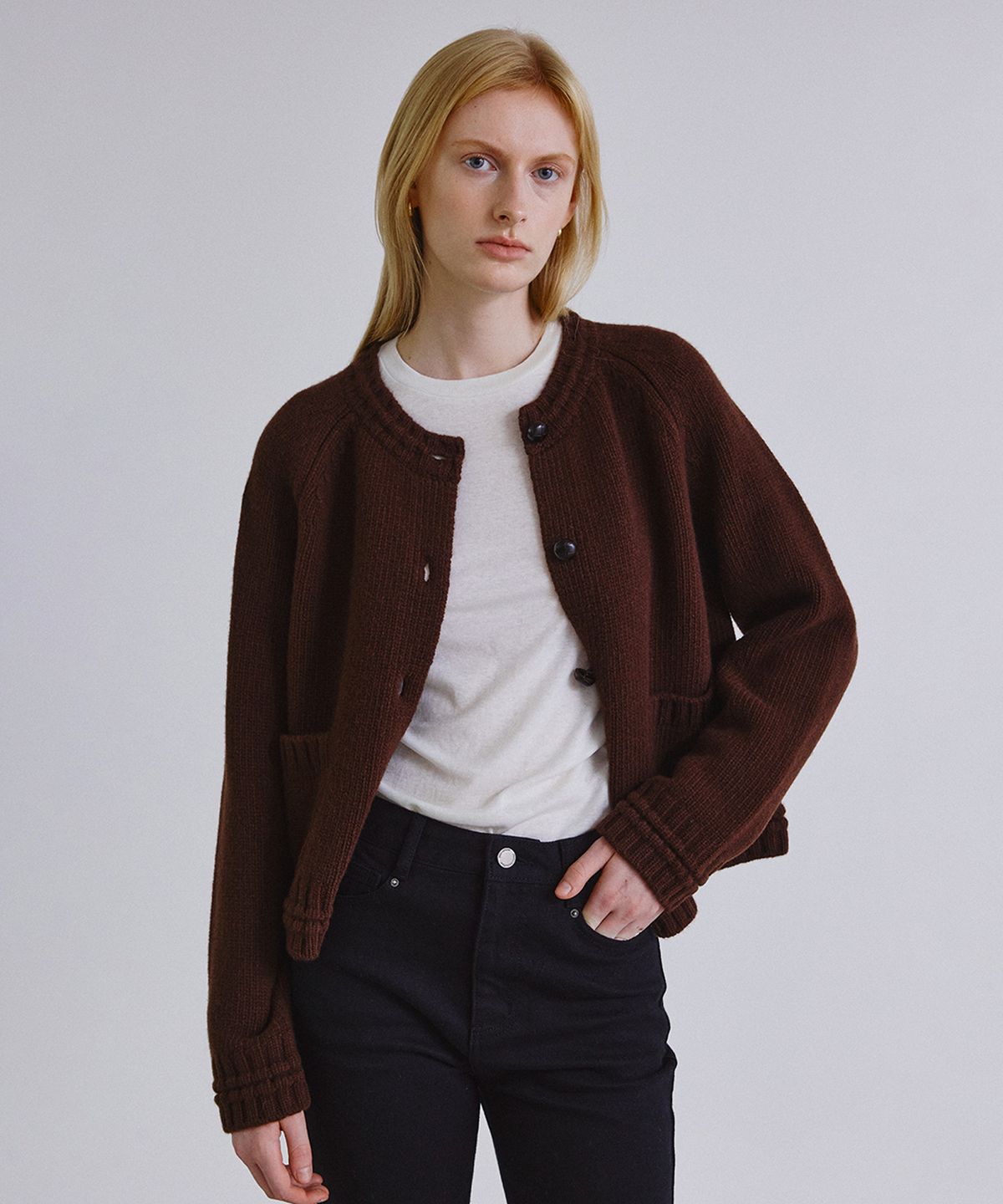 스텝어라운드(STEP AROUND) Rib line raglan cardigan_BROWN