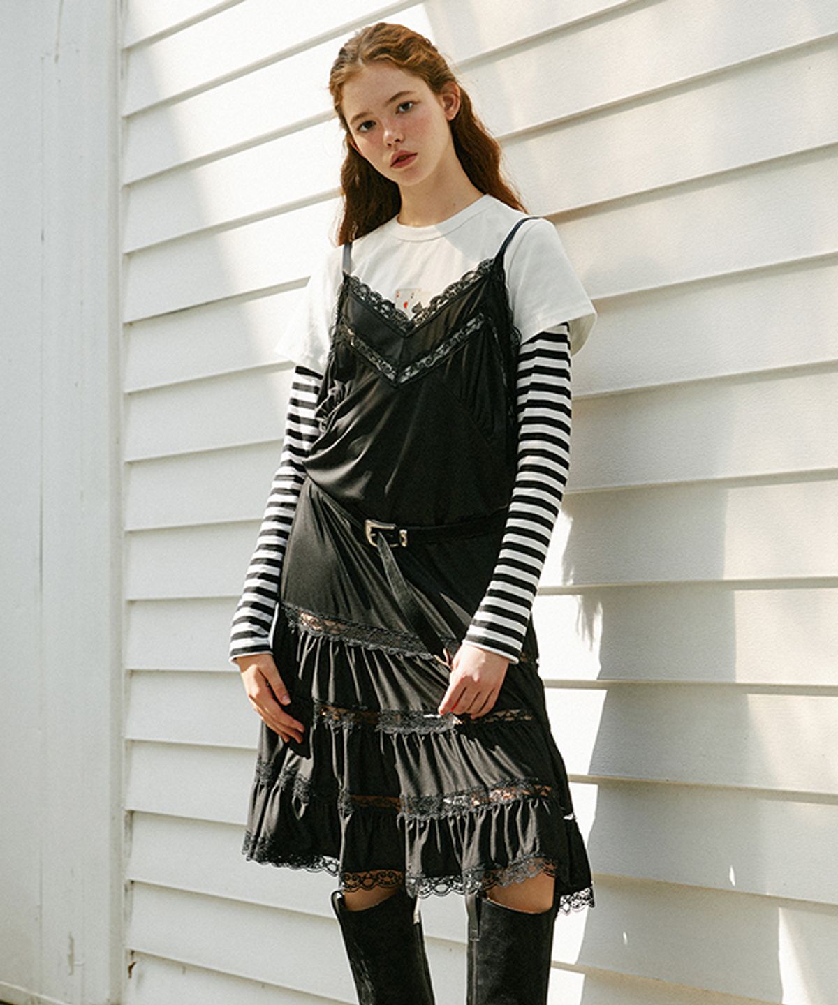 그린버터(GREENBUTTER) Shirring Lace Slip dress (Black)