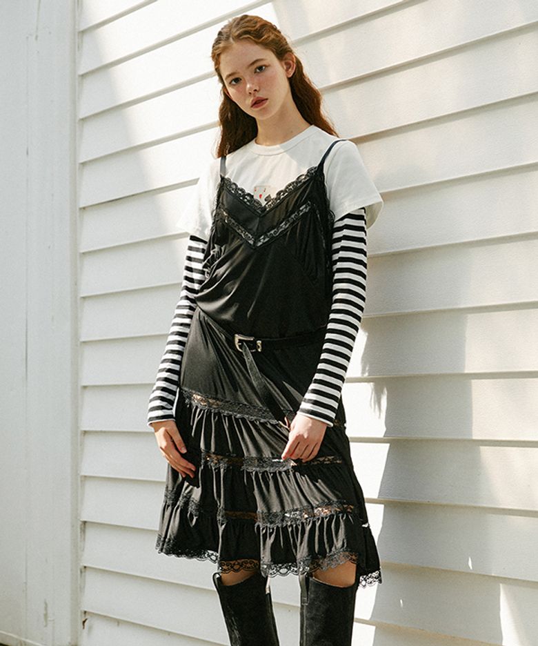 Shirring Lace Slip dress (Black)