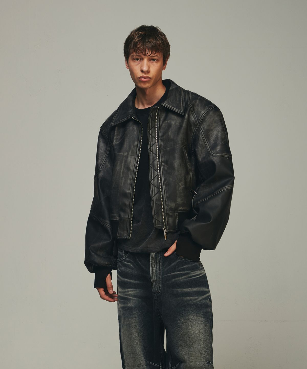 비엘알(BLR) Leather Pauldron Biker Cropped Jacket
