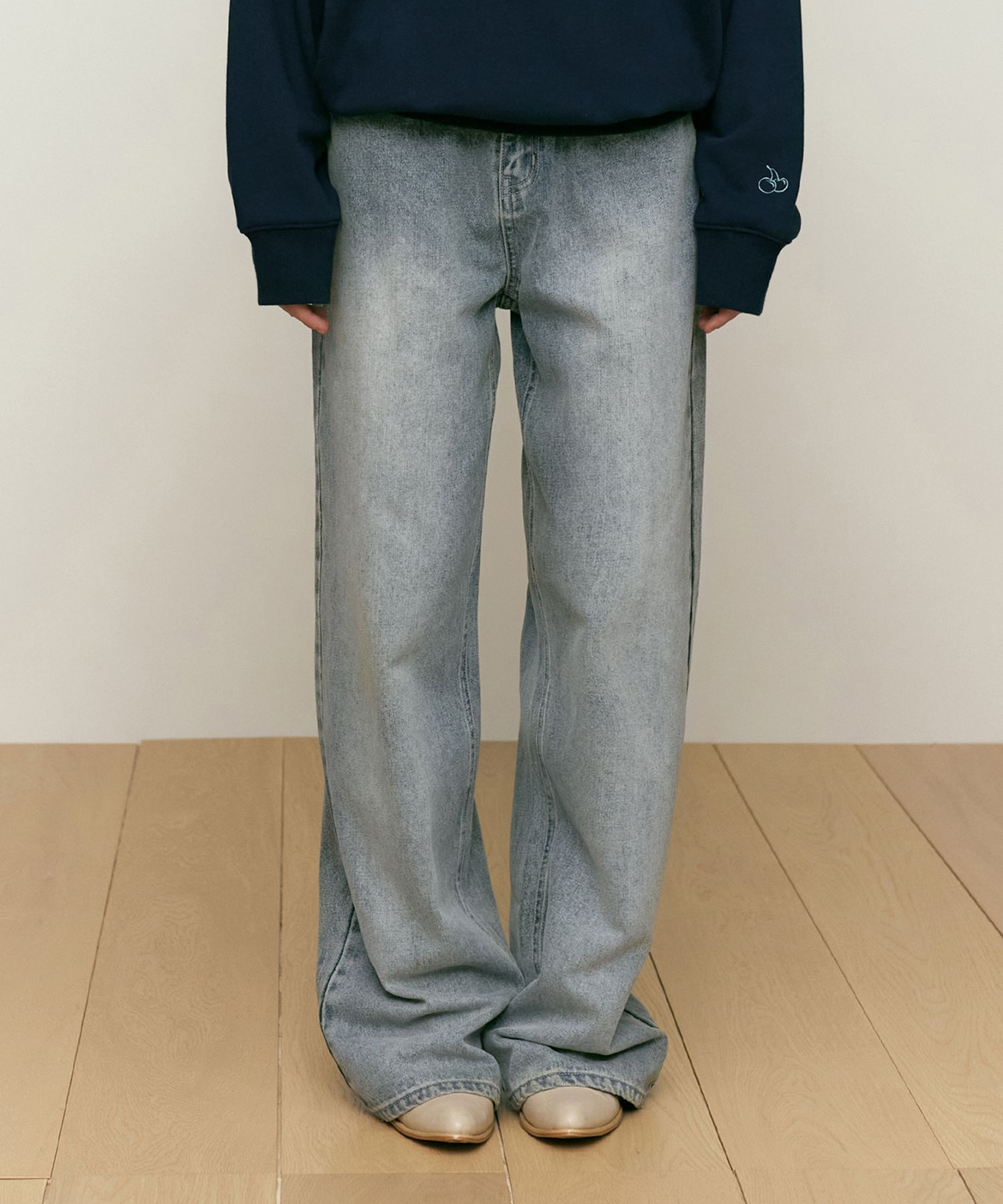 ★2024SS★KIRSH★CHERRY DAMAGE WASHING WIDE-FIT DENIM PANTS CHERRY DAMAGE WASHING WIDE DENIM-FIT PANTS [BLUE] - KIRSH