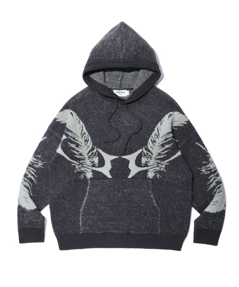 FEATHER WORMHOLE HOODIE KNIT CHARCOAL