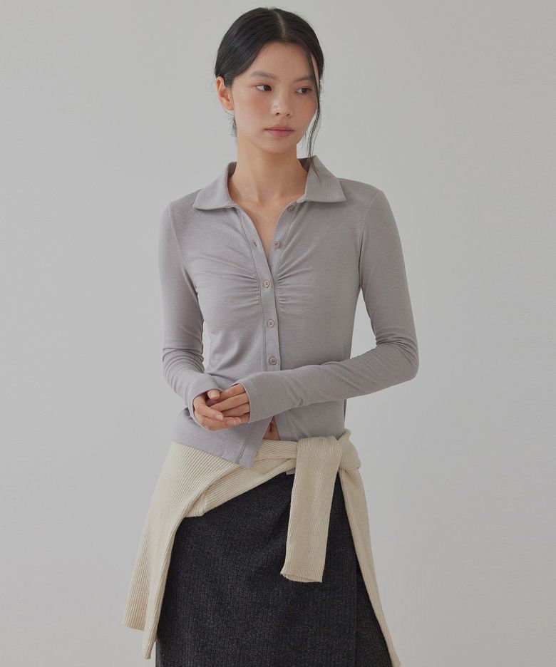 SHIMMERY BUTTON UP SHIRRED SHIRTS_T426TP114