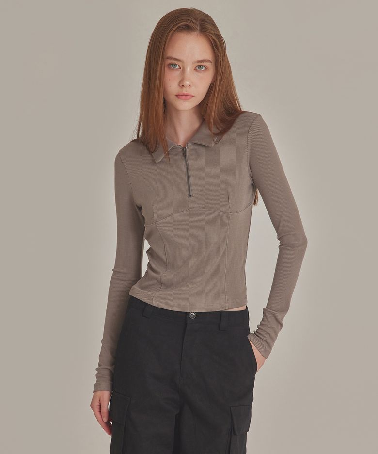 COLLARED HALF ZIP LONG SLEEVE TOP_T426TP100