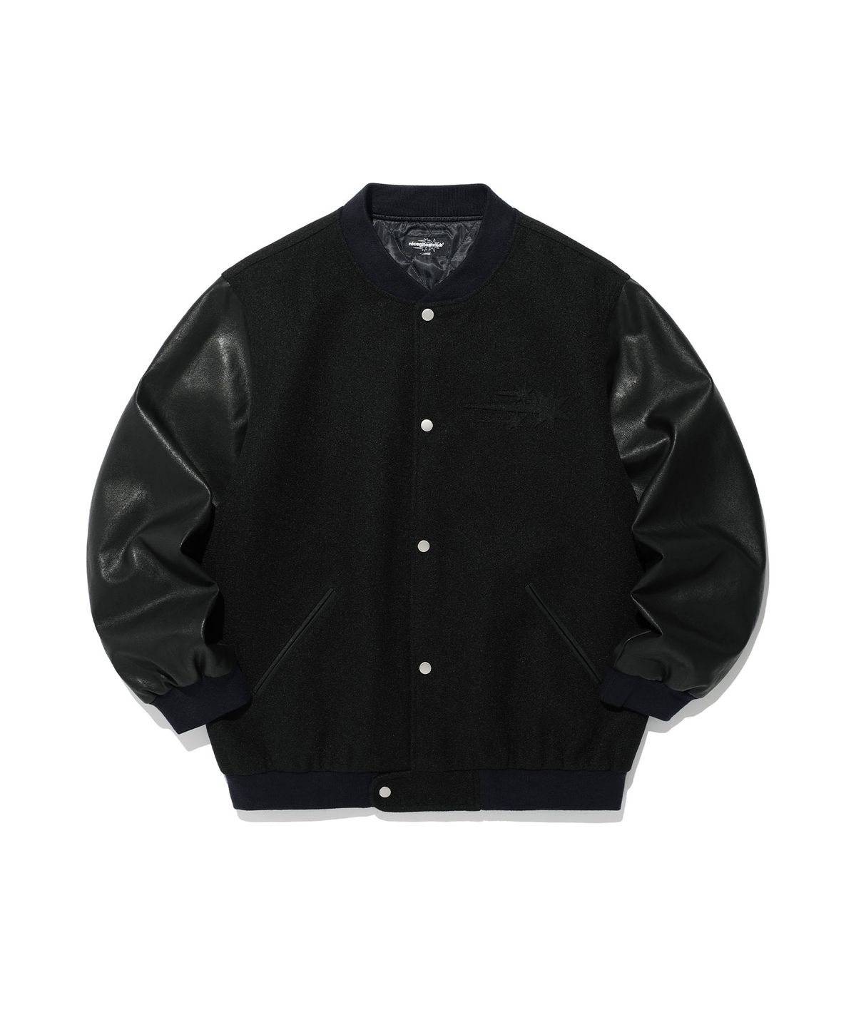 나이스고스트클럽(NICEGHOSTCLUB) EMBOSSED LOGO WOOL LEATHER VARSITY JACKET_BLACK(NG2EFUB930A)