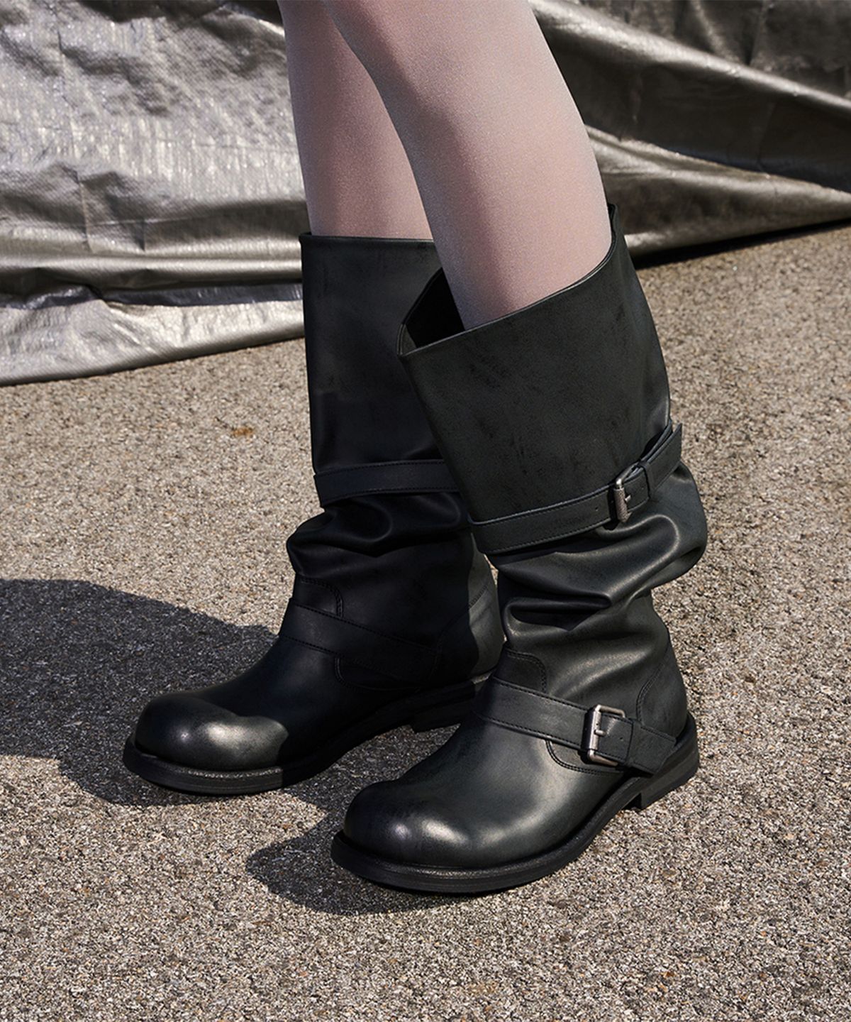 네거티브쓰리(NEGATIVE THREE) Slouchy Long Boot_Washed Black