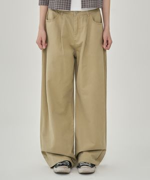 W 코튼 턱 와이드 팬츠 (BEIGE)