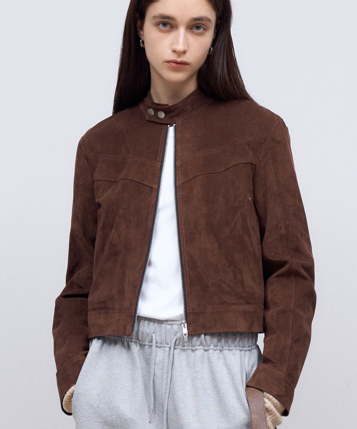 도프셉(DOFFSEPT) Vegan Leather Suede Racer Jacket in Mocha