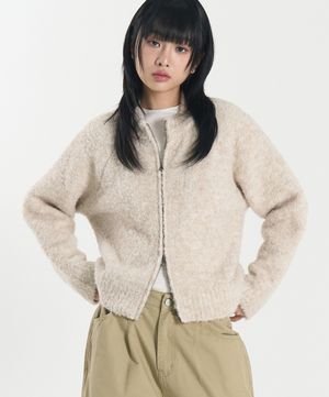 W 부클 라운드넥 니트 집업 (LIGHT BEIGE)