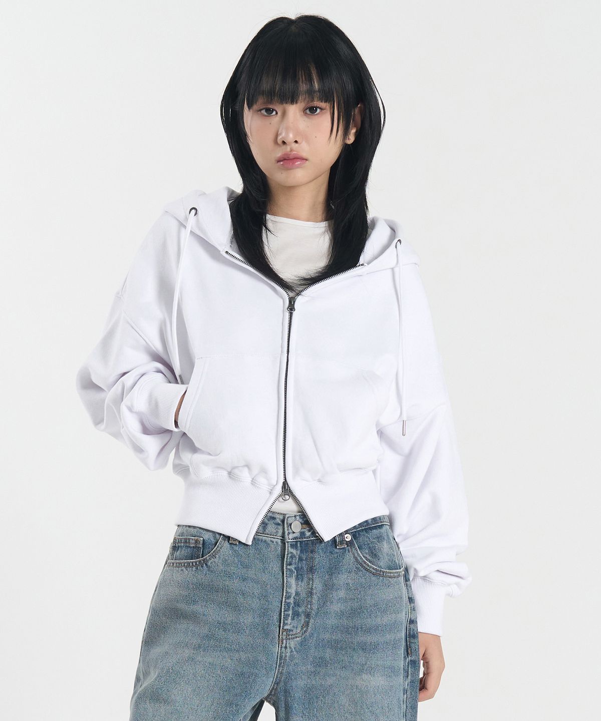 토피 우먼(TOFFEE WOMEN) W 2WAY 크롭 스웻 후드 집업 (OFF WHITE)