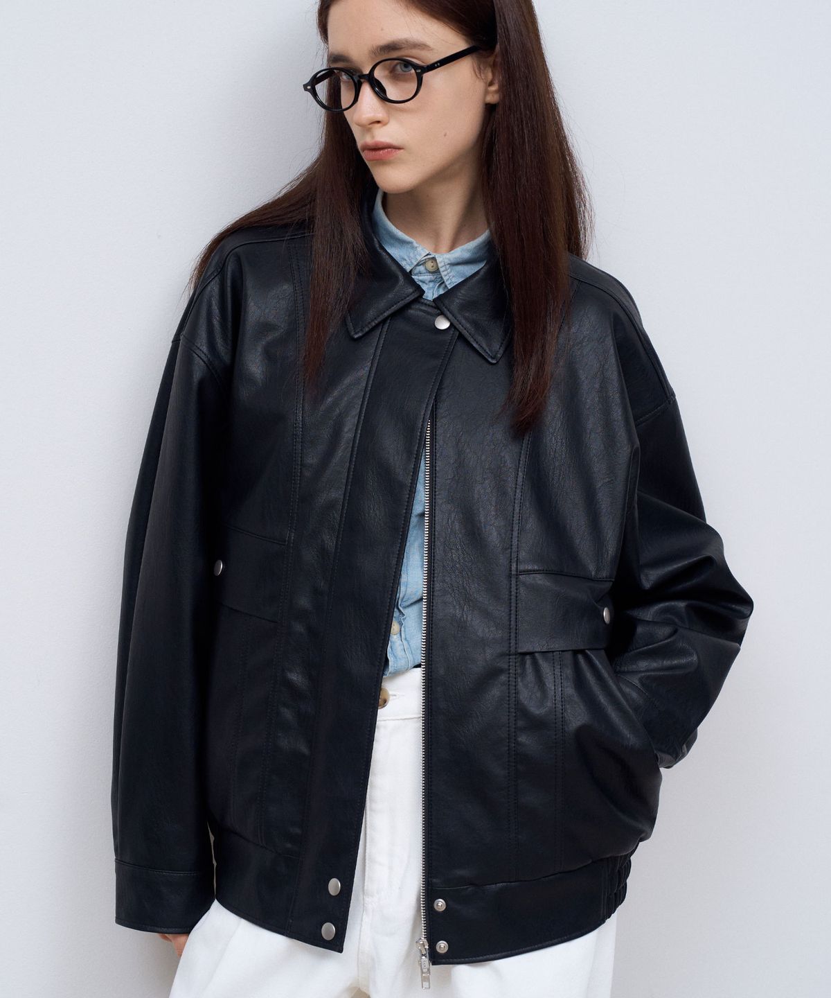 도프셉(DOFFSEPT) Vegan Leather Overfit Blouson Jacket in Black