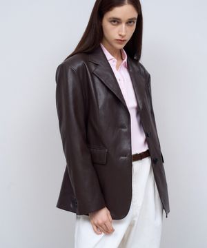 Vegan Leather Classic Single Blazer in Brown