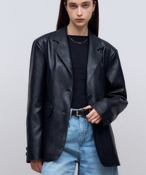 Vegan Leather Classic Single Blazer in Black