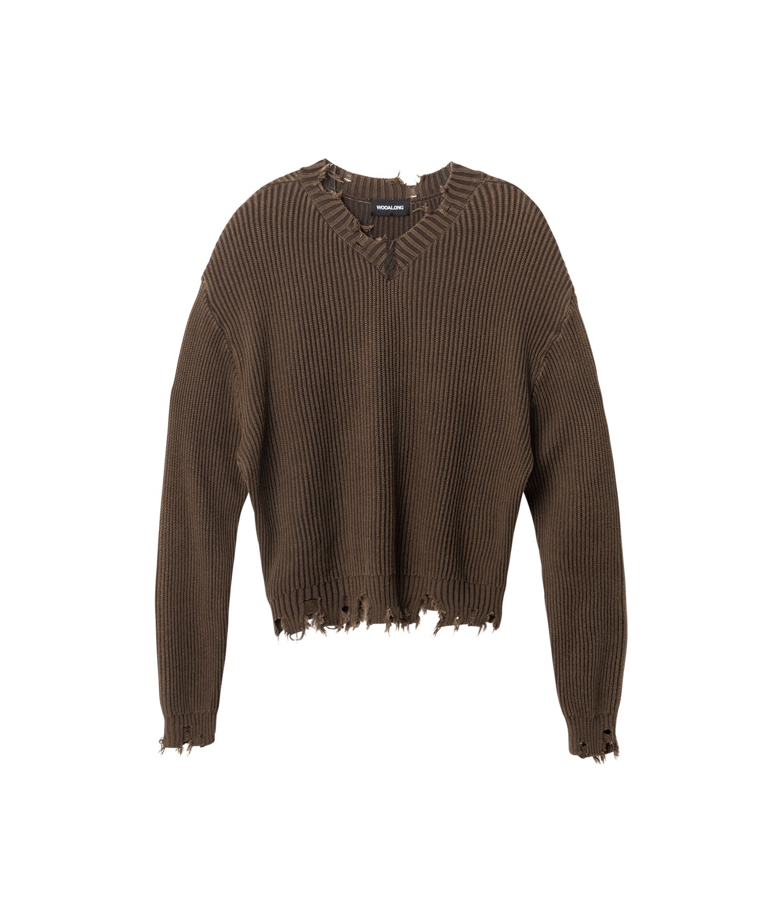 [WOOALONG]UNISEX★V-neck distressed knit MUSINSA | WOOALONG V-neck distressed knit - BROWN