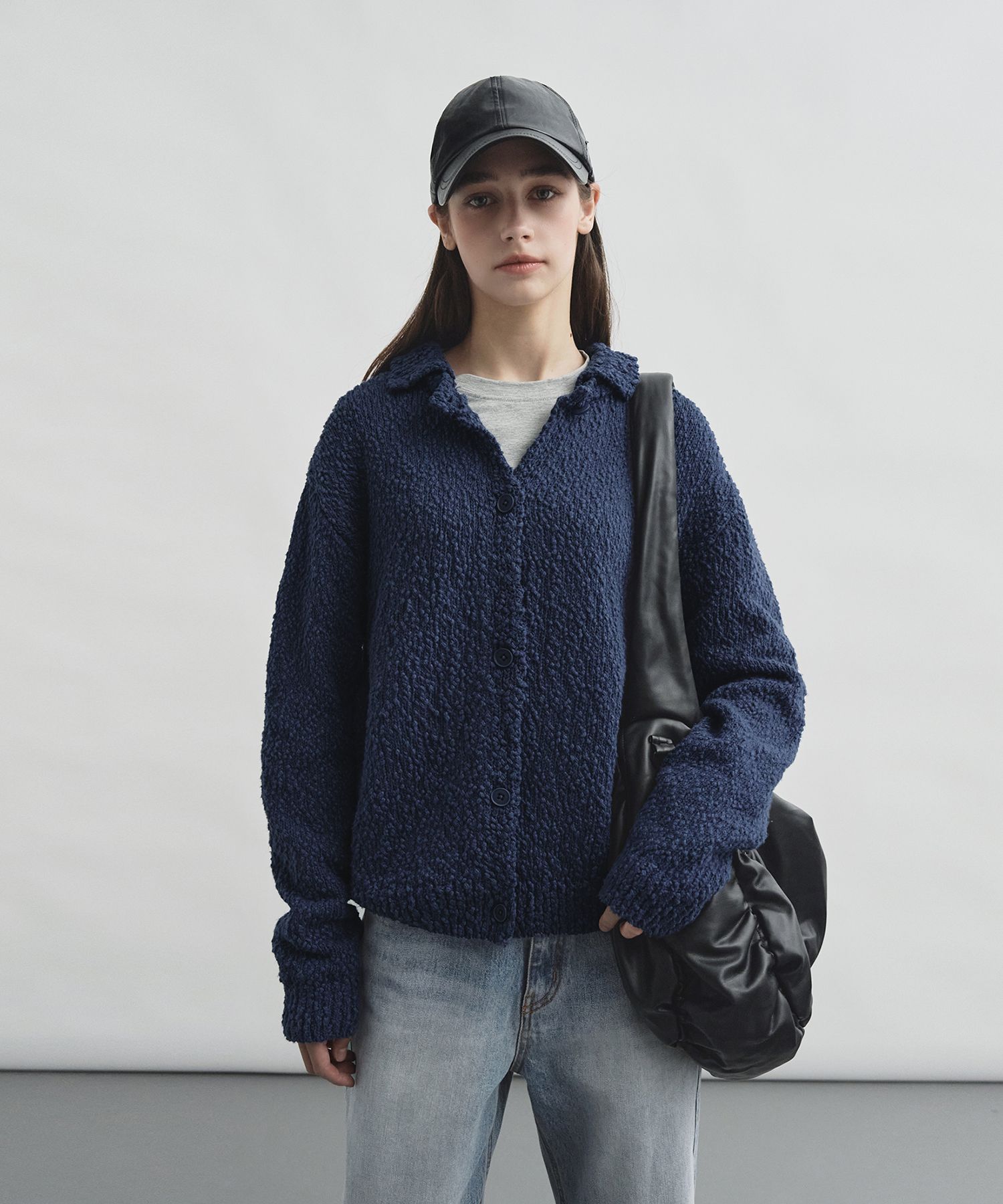 MUSINSA公式 | MONGDOL Cotton collar knit cardigan deep blue