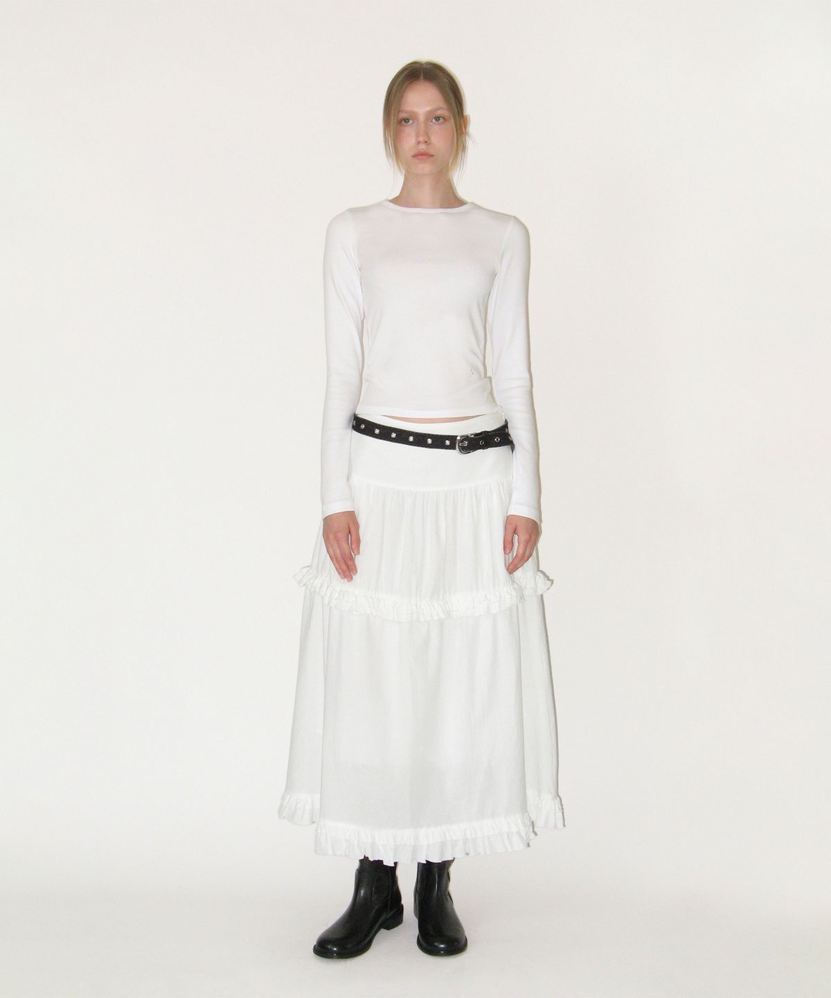 썬번프로젝트(SUNBURNPROJECT) Frill Maxi Skirt, WHITE