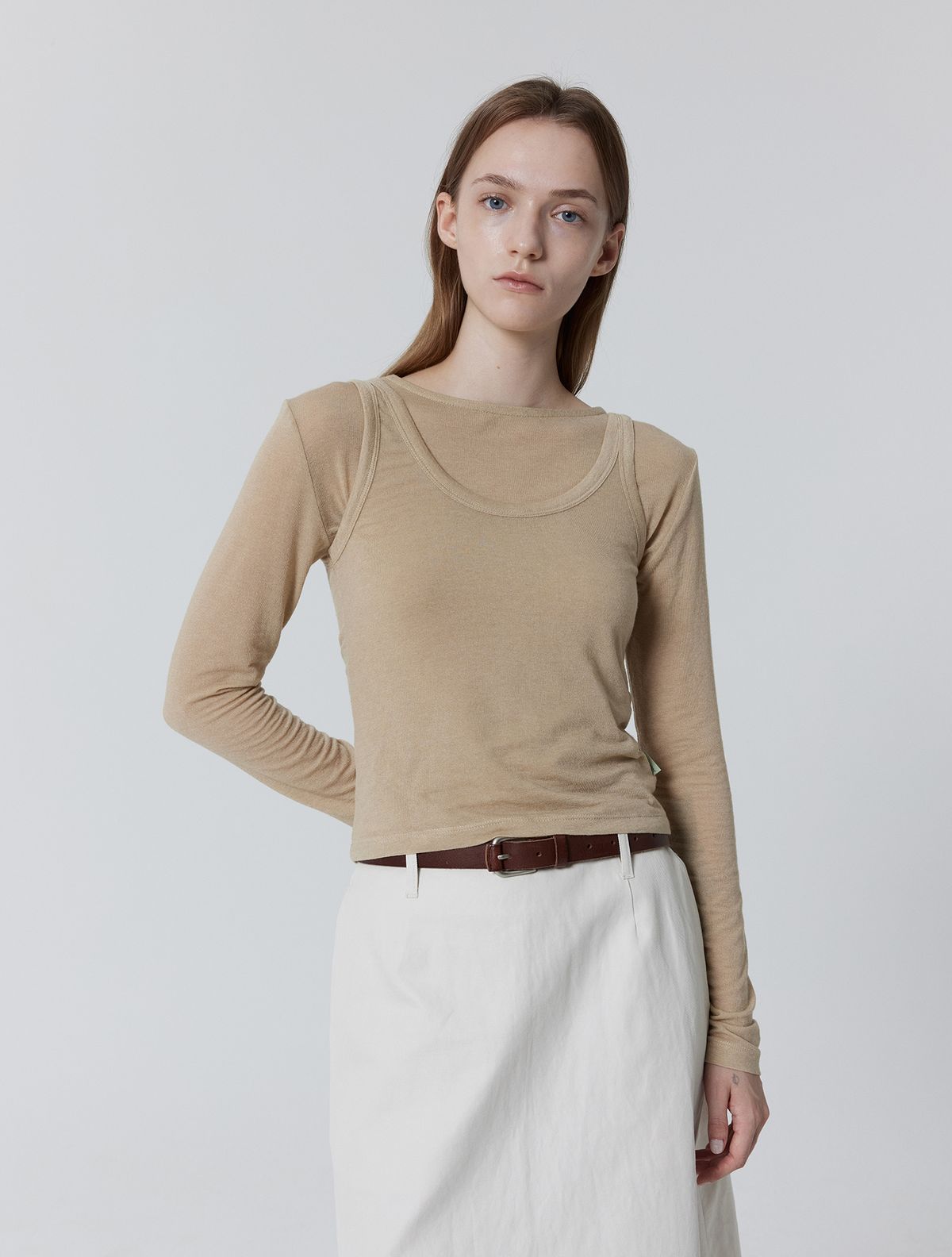 줄리아페페(JULIAPEPE) Unbalanced Fleecey Sleeveless_Wood ash