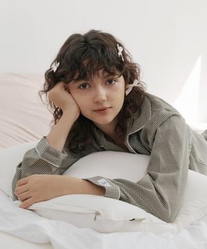 커플용 소프트필 체크 올리브그린 긴팔 카라 잠옷 상하의 세트