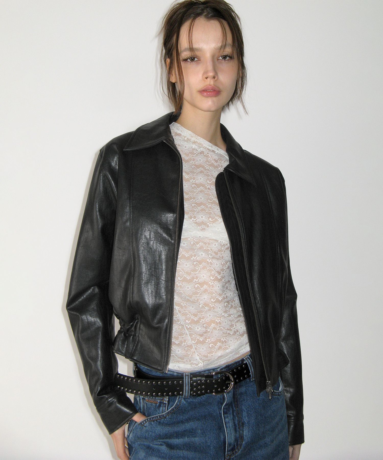 MUSINSA公式 | SUNBURNPROJECT Faux Leather Frill Jumper, BLACK