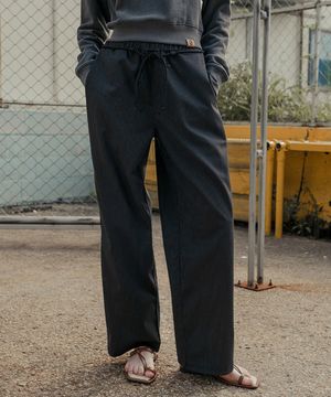 스트라이프 스웨트 스트링 밴딩 팬츠_블랙