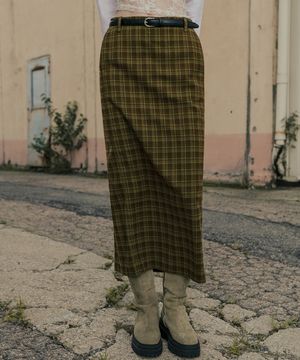 체크 H라인 맥시 스커트_그린