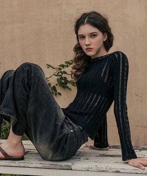 아일렛  보트넥 긴팔 티셔츠_블랙