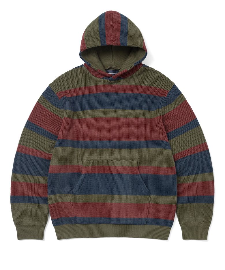 Striped Waffle Knit Hoodie Olive