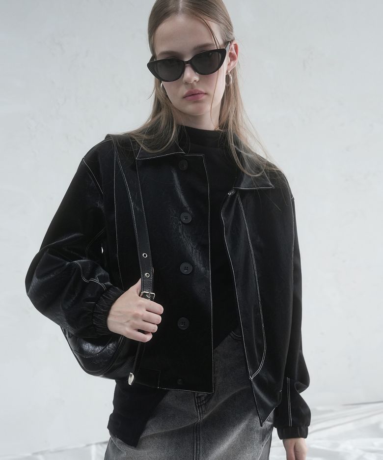 Calla Stitch Art Leather Jacket BLACK X WHITE
