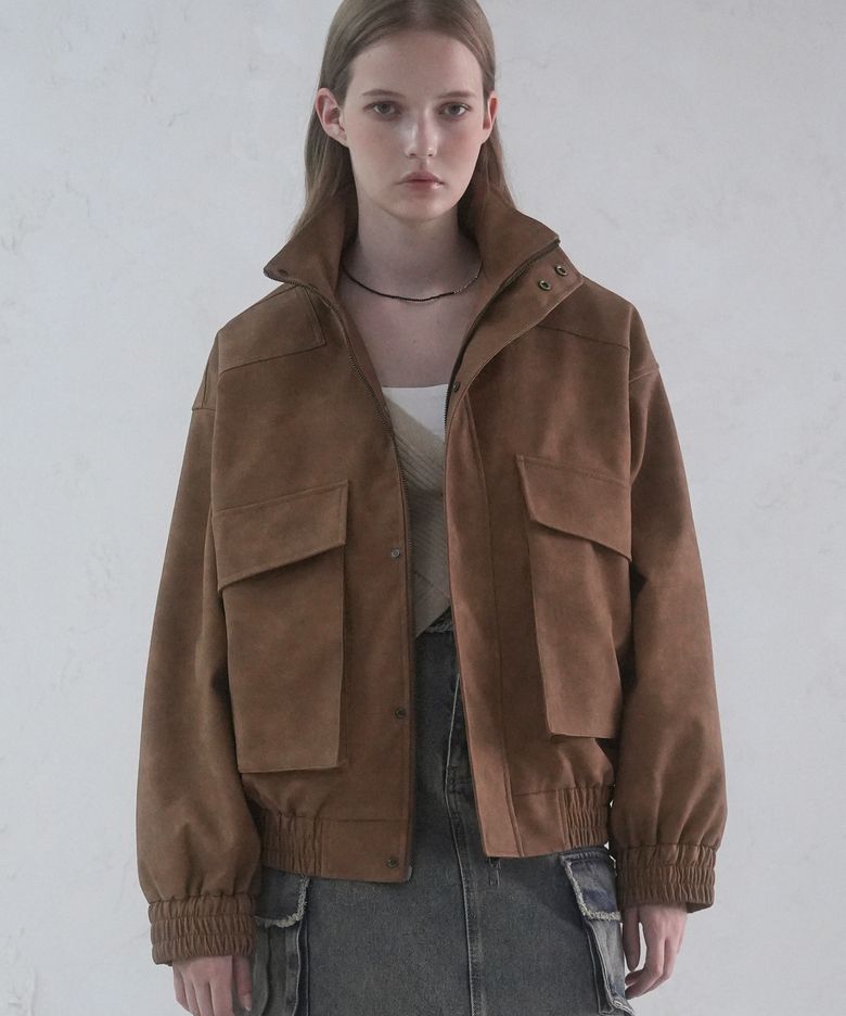 Glossy Art Leather Big Pocket Jacket CAMEL